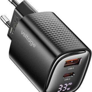 Voltage GaN nabíjačka Mini 33W PD 3.0 QC 3.0 USB-A USB-C Digitálny displej Čierna